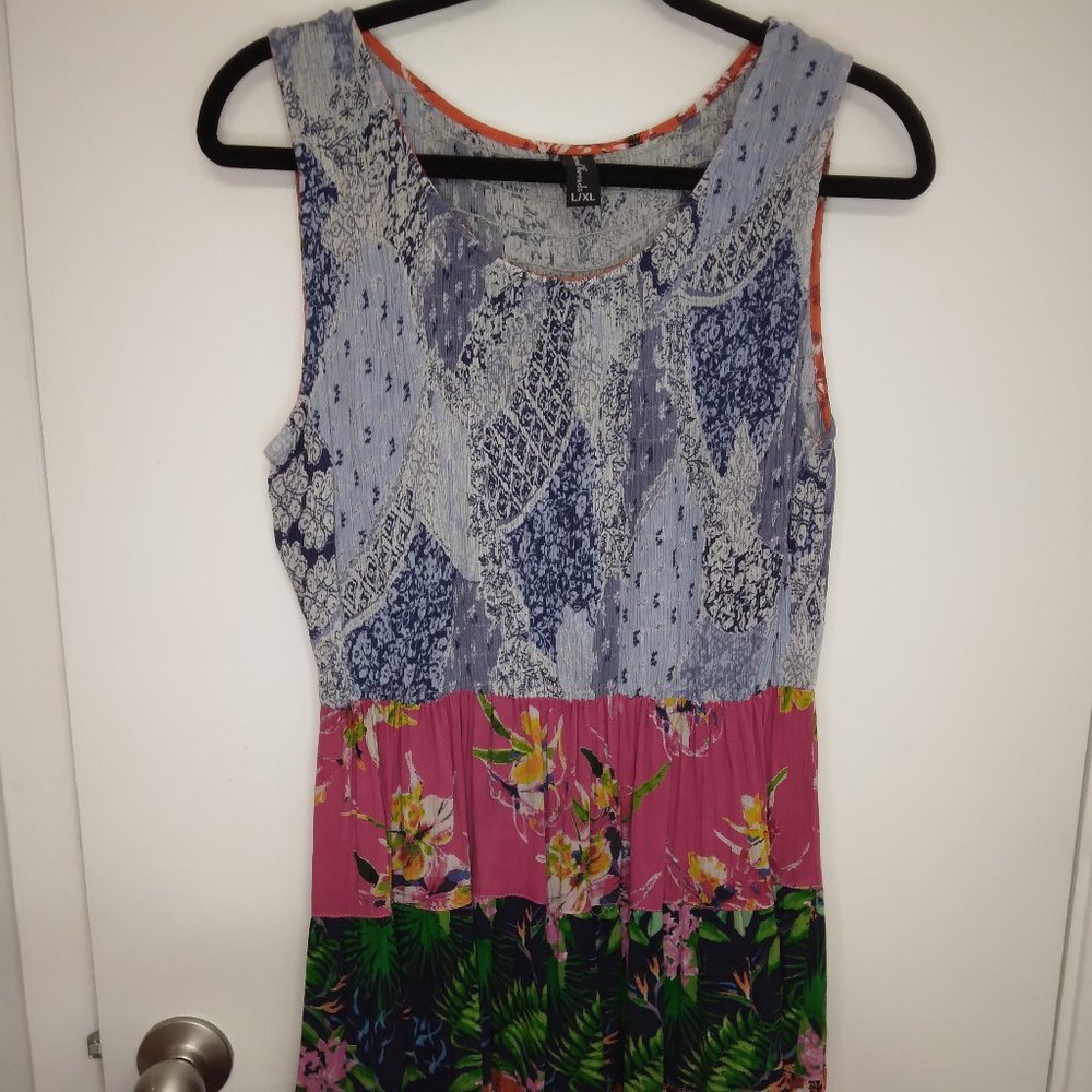 Sacred Threads Blue Pink Orange Floral Color Block Sleeveless Dress - Size L/XL